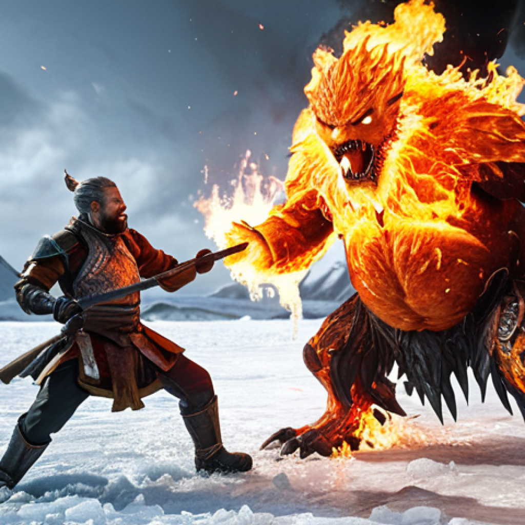 ** A battle scene featuring a fire character melting an ice enemy with a fiery attack. Emphasis on the visual contrast between fire and ice.

**