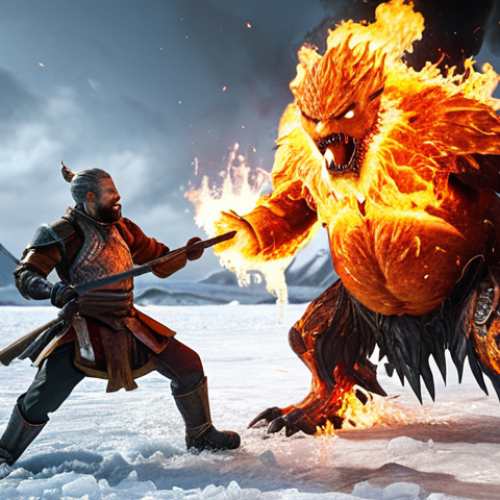 Home 11 ** A battle scene featuring a fire character melting an ice enemy with a fiery attack. Emphasis on the visual contrast between fire and ice.
**
