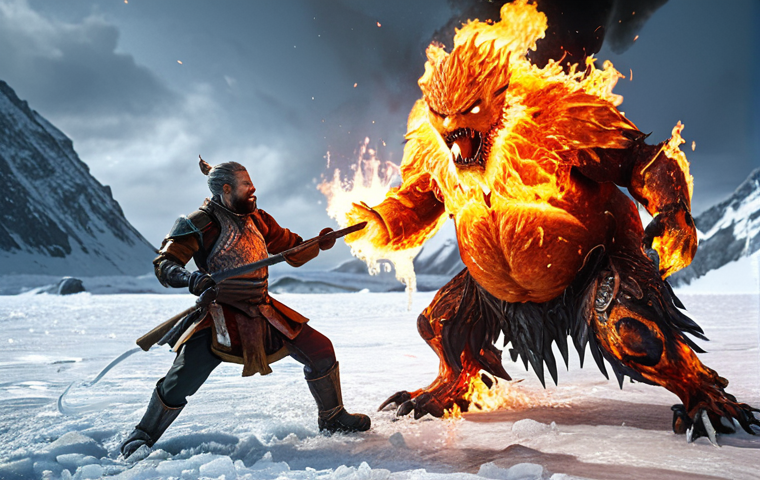 ** A battle scene featuring a fire character melting an ice enemy with a fiery attack. Emphasis on the visual contrast between fire and ice.
**