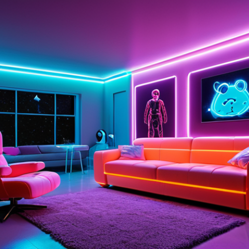 Home 6 **
"A stylish 'high-tech' Nikke Custom Room interior, featuring glowing neon lights, comfortable futuristic furniture, and a plush teddy bear strategically placed near a sleek sofa. The overall ambiance is modern and inviting, hinting at hidden stat bonuses. Subtle particle effects enhance the scene, giving it a dynamic feel. The lighting should emphasize the contrast between the neon and the soft glow of the furniture."
**