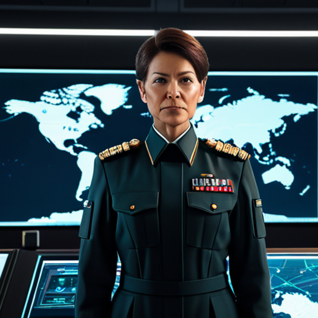 A professional, mature female commander, fully clothed in a modest, dark futuristic military uniform with subtle gold accents, stands in a high-tech command center. She is observing a large, illuminated holographic tactical display that shows stylized, diverse combat units in strategic formations. The display incorporates abstract data streams and resource indicators, symbolizing team synergy and efficient resource allocation. The background is sleek and minimalist, with soft ambient light. safe for work, appropriate content, fully clothed, professional, perfect anatomy, correct proportions, natural pose, well-formed hands, proper finger count, natural body proportions, high-quality digital illustration, cinematic lighting.