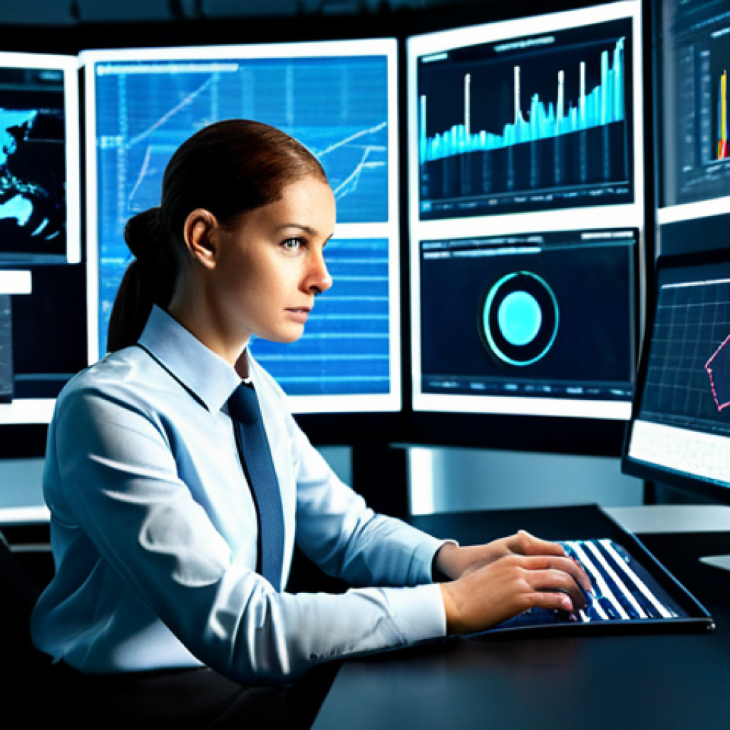 A focused professional strategist, wearing modest, modern business casual attire. They are seated at a sleek, minimalist desk in a high-tech command center. Multiple holographic displays and large monitors surround them, presenting complex data visualizations, charts, and strategic game analyses. The individual's expression is one of deep concentration, their eyes meticulously scanning the information, with one hand poised over a data tablet. The lighting is cool and analytical, emphasizing the high-tech environment. fully clothed, appropriate attire, safe for work, professional dress, perfect anatomy, correct proportions, natural pose, well-formed hands, proper finger count, natural body proportions, high-quality professional photography.