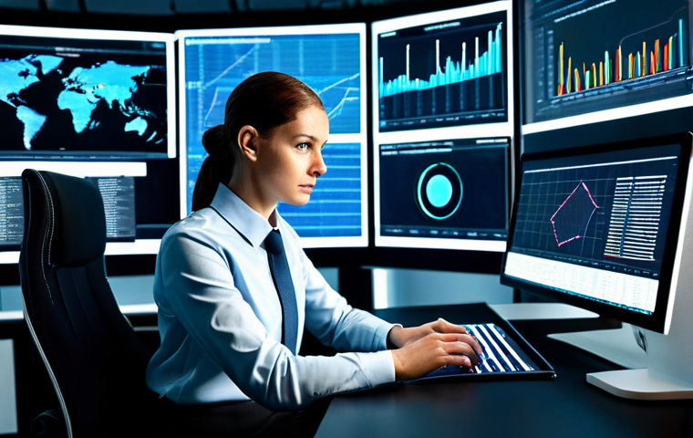 A focused professional strategist, wearing modest, modern business casual attire. They are seated at a sleek, minimalist desk in a high-tech command center. Multiple holographic displays and large monitors surround them, presenting complex data visualizations, charts, and strategic game analyses. The individual's expression is one of deep concentration, their eyes meticulously scanning the information, with one hand poised over a data tablet. The lighting is cool and analytical, emphasizing the high-tech environment. fully clothed, appropriate attire, safe for work, professional dress, perfect anatomy, correct proportions, natural pose, well-formed hands, proper finger count, natural body proportions, high-quality professional photography.