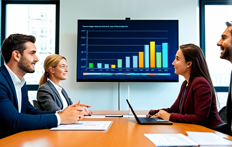 A diverse group of adults, fully clothed in professional business attire, gathered around a large table in a modern, brightly lit conference room. They are engaged in an active, collaborative discussion, with some looking at a presentation on a large screen (not showing game content, just charts/graphs). The atmosphere is productive and focused. Safe for work, appropriate content, family-friendly, perfect anatomy, correct proportions, natural pose, well-formed hands, proper finger count, natural body proportions, high-quality professional photography.