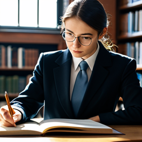 A young professional, fully clothed in modest business attire, sits attentively at a polished desk in a quiet, sunlit library. They are carefully examining the intricate pages of a large, elegantly bound artbook, their expression reflecting deep appreciation and focus. A subtle bokeh background with rows of books. safe for work, appropriate content, fully clothed, professional, perfect anatomy, correct proportions, natural pose, well-formed hands, proper finger count, natural body proportions, professional photography, high quality, ultra-detailed.