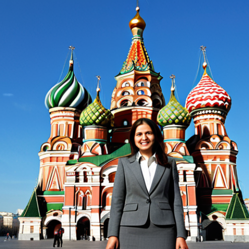 **

A professional-looking businesswoman in Moscow, wearing a tailored grey business suit with a modest knee-length skirt, standing confidently in front of the iconic St. Basil's Cathedral. The background features a clear blue sky and a few fluffy clouds. Fully clothed, appropriate attire, safe for work, perfect anatomy, natural proportions, professional photography, high quality.

**