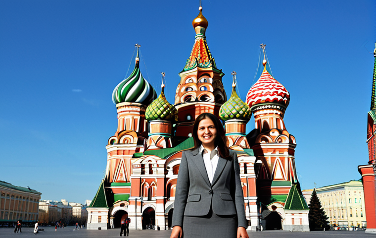 **

A professional-looking businesswoman in Moscow, wearing a tailored grey business suit with a modest knee-length skirt, standing confidently in front of the iconic St. Basil's Cathedral. The background features a clear blue sky and a few fluffy clouds. Fully clothed, appropriate attire, safe for work, perfect anatomy, natural proportions, professional photography, high quality.

**