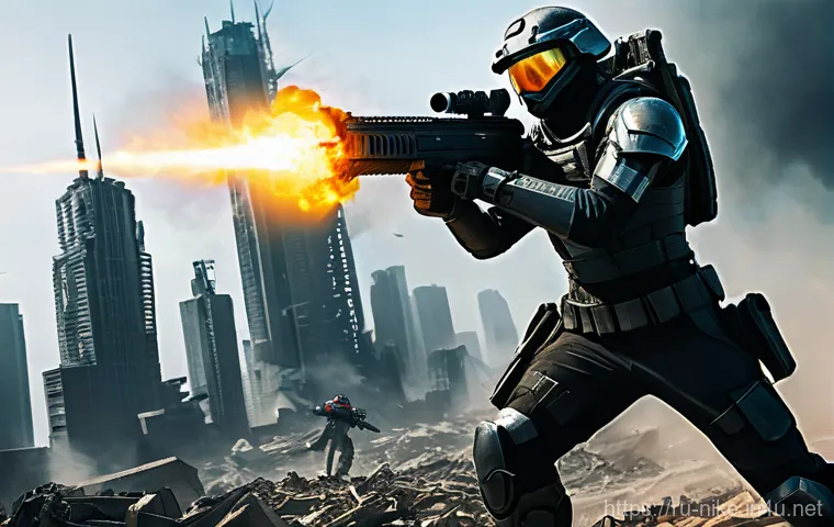 승리의여신 니케 장르 비교 분석 - Image Prompt 1: "Dynamic Combat in Ruined City"**