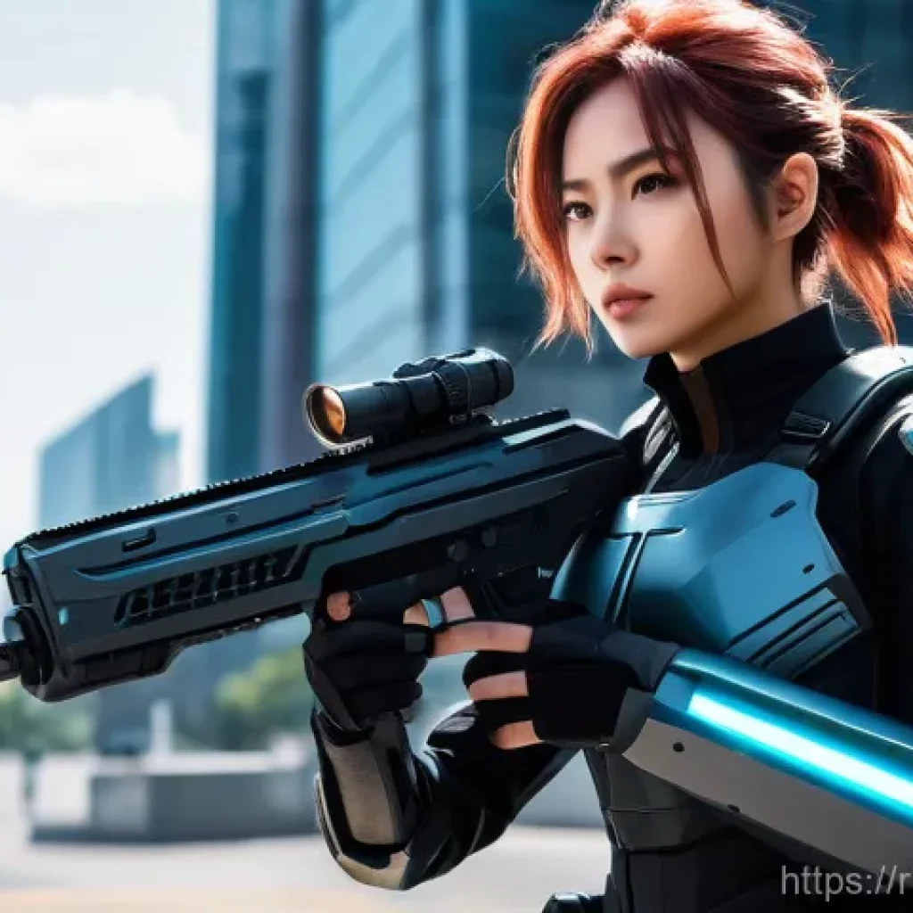 승리의여신 니케 무기 타입별 사용법 - A confident and determined young woman, fully clothed in a sleek, form-fitting futuristic tactical c...