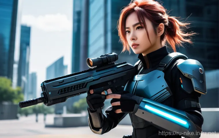 승리의여신 니케 무기 타입별 사용법 - A confident and determined young woman, fully clothed in a sleek, form-fitting futuristic tactical c...