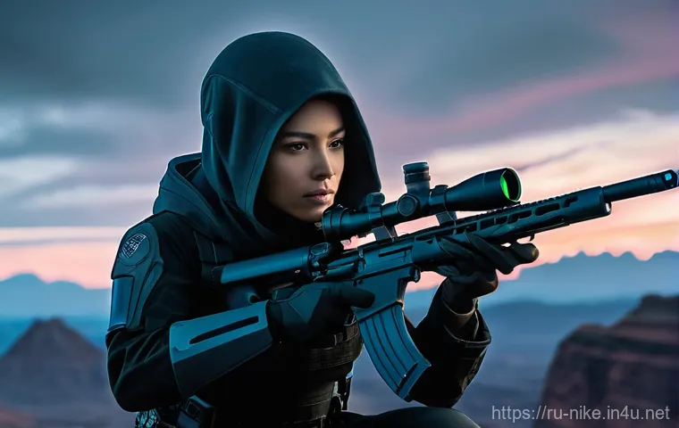 승리의여신 니케 무기 타입별 사용법 - A confident and determined young woman, fully clothed in a sleek, form-fitting futuristic tactical c...