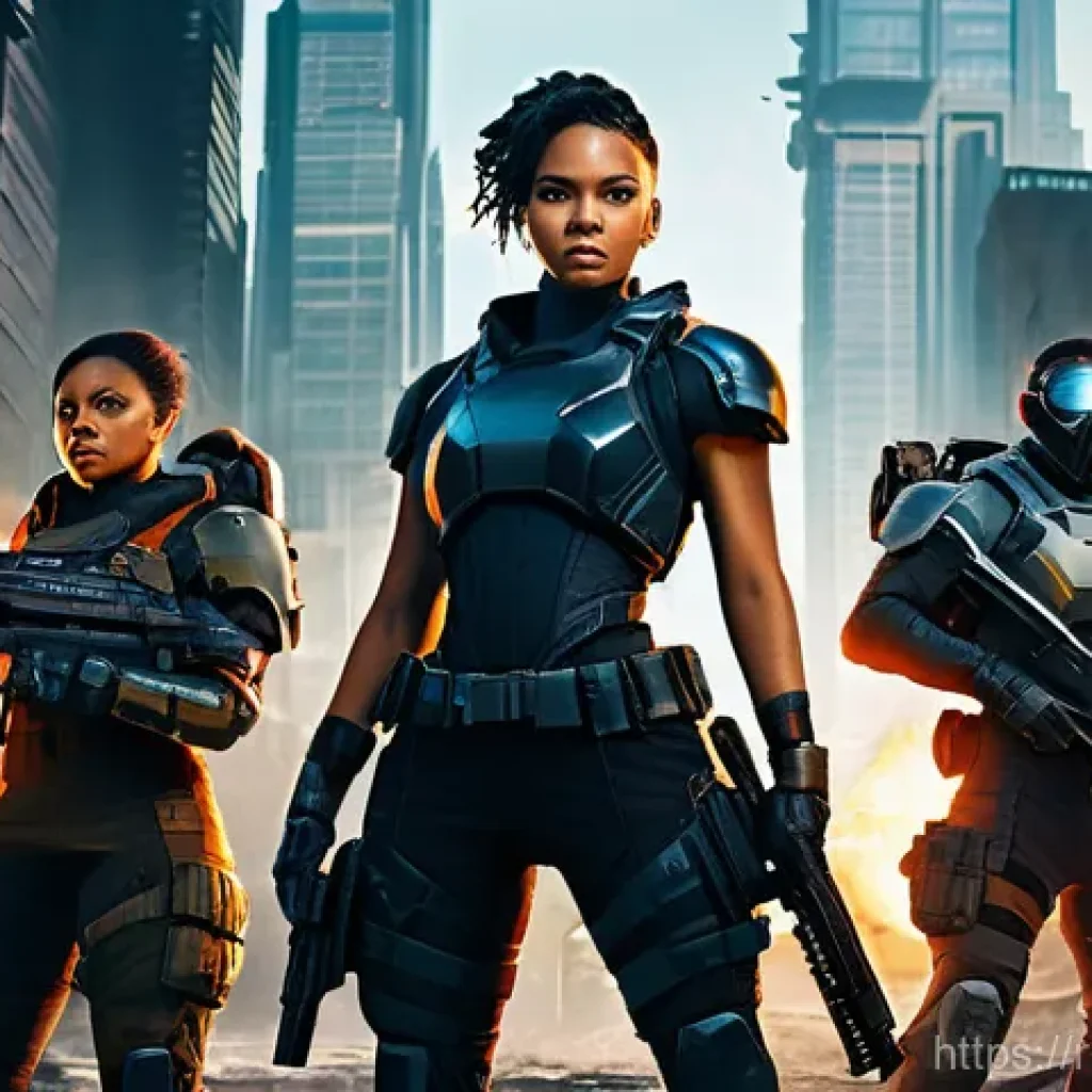 승리의여신 니케 플레이 순서 추천 - **A dynamic full-body shot of a squad of five diverse Nikke characters, each in their unique futuris...