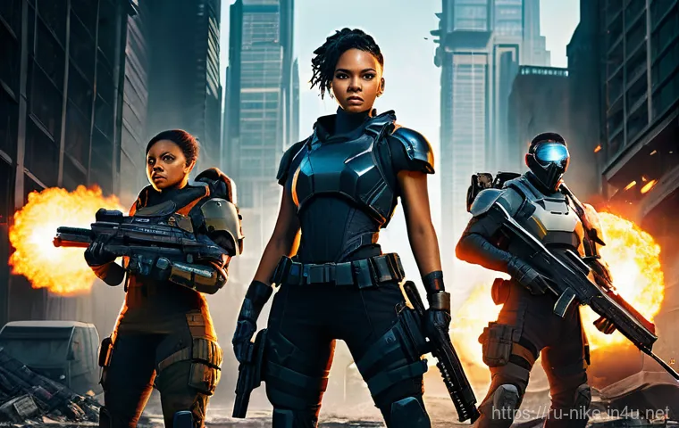 승리의여신 니케 플레이 순서 추천 - **A dynamic full-body shot of a squad of five diverse Nikke characters, each in their unique futuris...