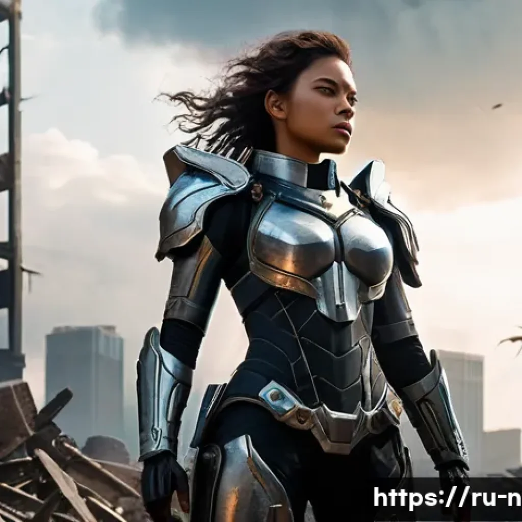 승리의여신 니케 프롤로그 분석 - **"A full-body shot of Rapi from NIKKE: Goddess of Victory, standing heroically amidst the desolate ...