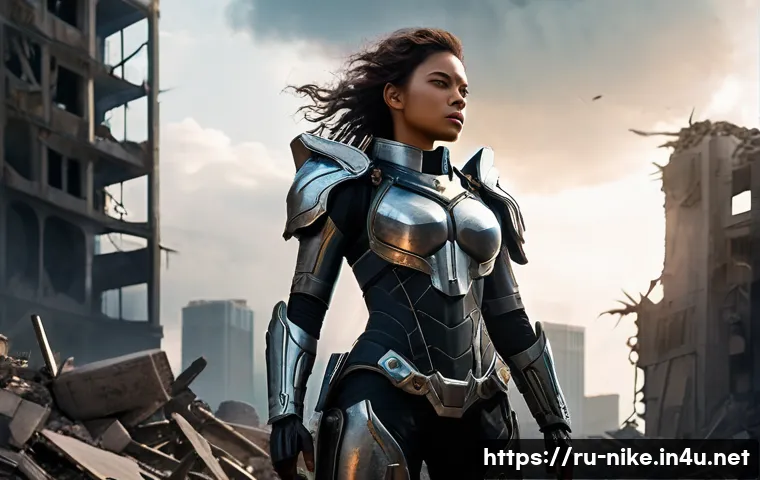 승리의여신 니케 프롤로그 분석 - **"A full-body shot of Rapi from NIKKE: Goddess of Victory, standing heroically amidst the desolate ...