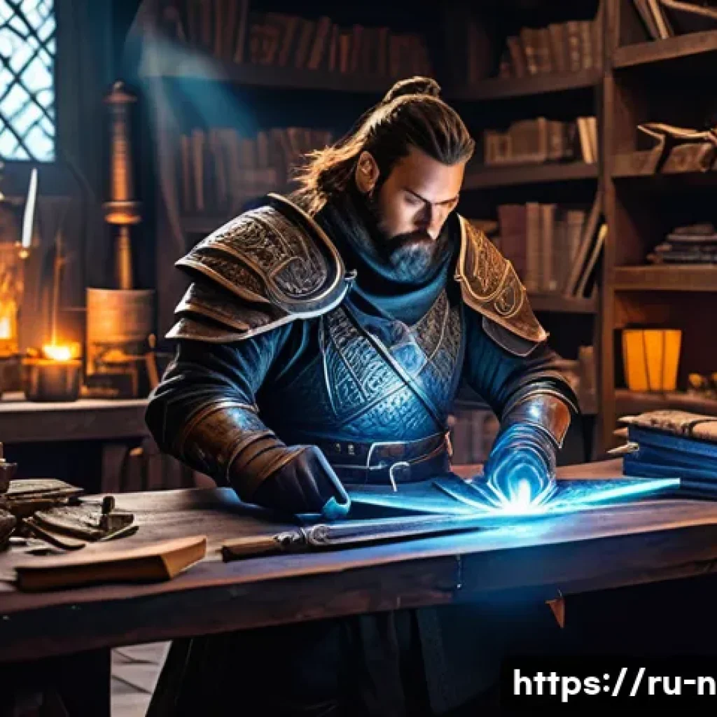 승리의여신 니케 아이템 진화 방식 - A detailed fantasy RPG workshop scene where a skilled blacksmith carefully upgrades a legendary swor...