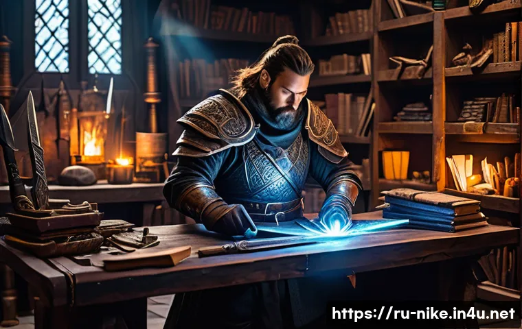 승리의여신 니케 아이템 진화 방식 - A detailed fantasy RPG workshop scene where a skilled blacksmith carefully upgrades a legendary swor...