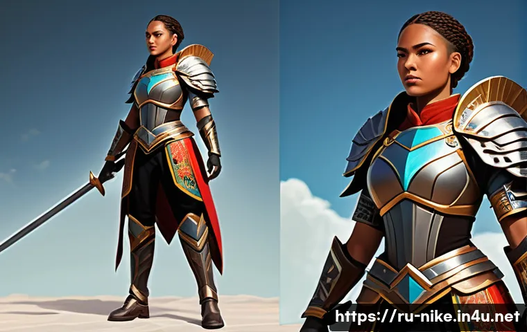 승리의여신 니케 제작진 인터뷰 - A detailed digital illustration of a unique female warrior character inspired by diverse cultural el...