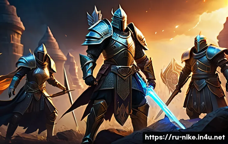 승리의여신 니케 상위 랭커 인터뷰 - A detailed fantasy RPG team battle scene showcasing a balanced group of heroes in action: a fierce a...
