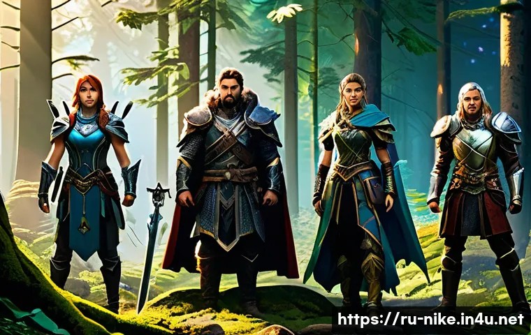 승리의여신 니케 신규 유저 시작 혜택 - A dynamic fantasy RPG scene featuring a diverse team of young heroes in detailed, colorful armor and...