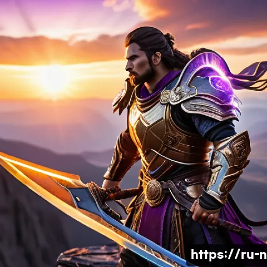 승리의여신 니케 최고의 치장 아이템 - A heroic fantasy warrior adorned with glowing golden amulet and rings, standing in a dynamic battle ...