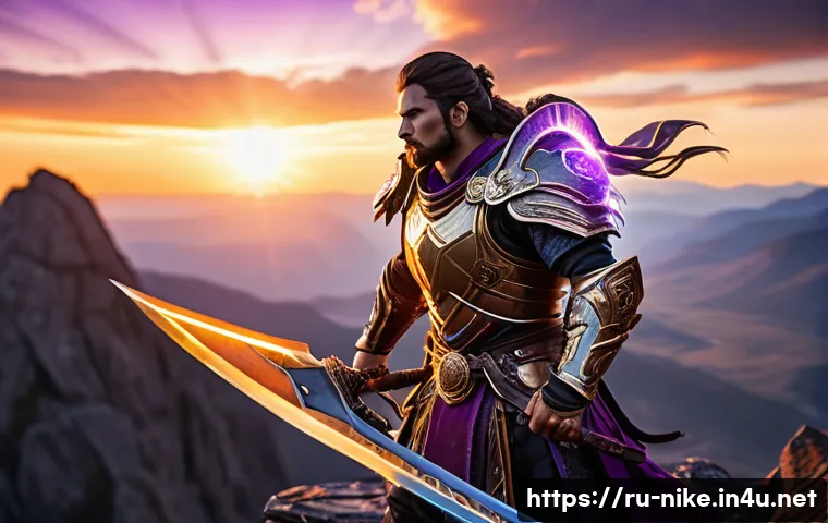 승리의여신 니케 최고의 치장 아이템 - A heroic fantasy warrior adorned with glowing golden amulet and rings, standing in a dynamic battle ...