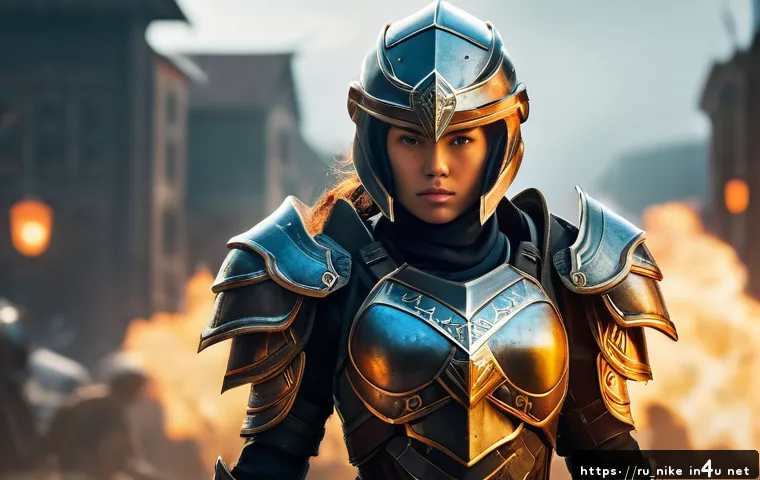 승리의여신 니케 스킬 레벨업 방법 - A fierce female tank character in fantasy armor, standing confidently on a battlefield with a glowin...
