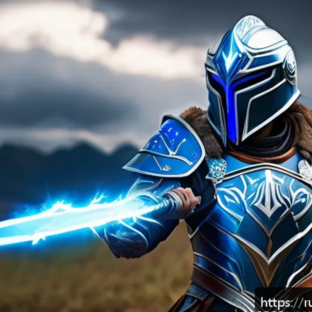 승리의여신 니케 신규 장비 세트 소개 - A heroic fantasy warrior wearing the "Thunderer" helmet with intricate silver and blue designs, glow...