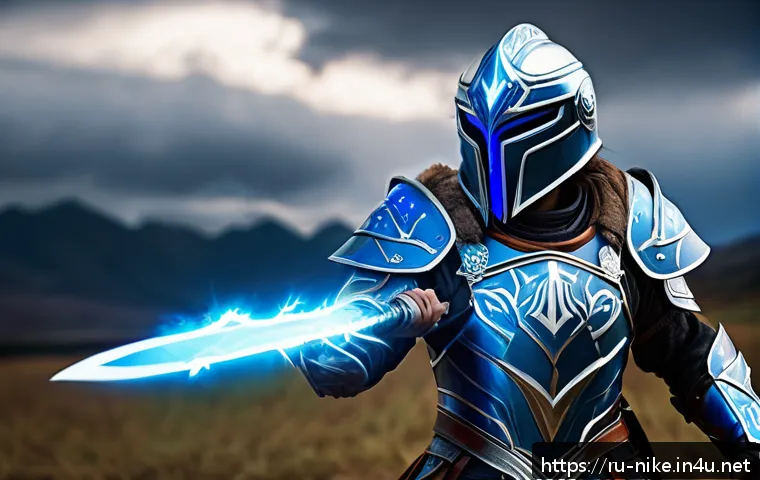 승리의여신 니케 신규 장비 세트 소개 - A heroic fantasy warrior wearing the "Thunderer" helmet with intricate silver and blue designs, glow...