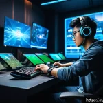 Home 22 승리의여신 니케 팀워크 향상 전략 - A dynamic esports team in a modern gaming room, focused and communicating via headsets, each player ...