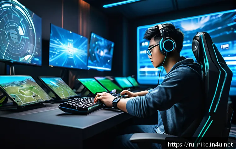 승리의여신 니케 팀워크 향상 전략 - A dynamic esports team in a modern gaming room, focused and communicating via headsets, each player ...