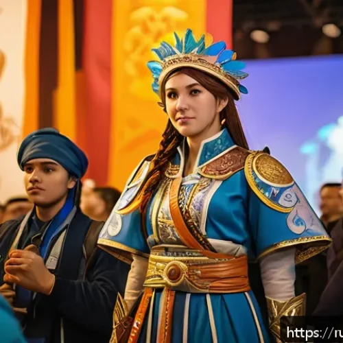 Home 33 승리의여신 니케 신규 팬덤 연구 - A vibrant fan convention scene set in a modern Russian cultural center, showcasing diverse cosplayer...