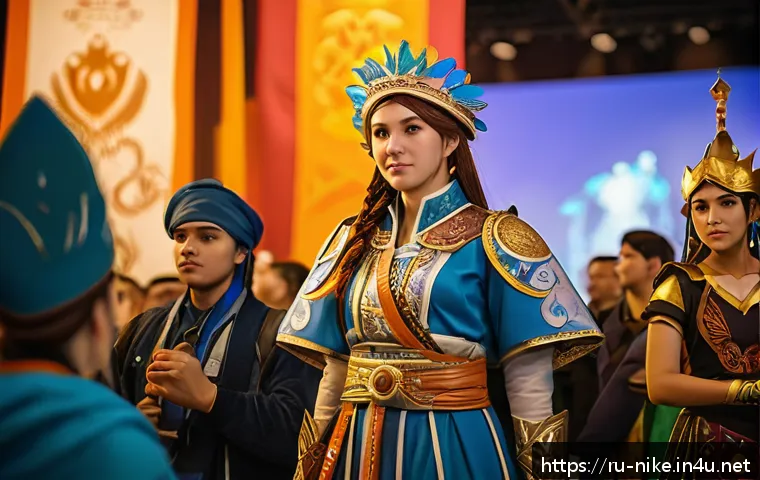 승리의여신 니케 신규 팬덤 연구 - A vibrant fan convention scene set in a modern Russian cultural center, showcasing diverse cosplayer...