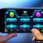 Home 19 승리의여신 니케 UI 최적화 옵션 - A dynamic and futuristic mobile gaming interface layout on a sleek smartphone screen, showcasing cus...