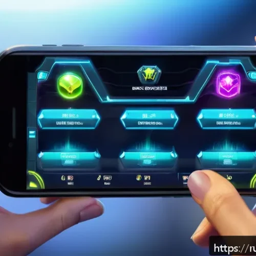 Home 31 승리의여신 니케 UI 최적화 옵션 - A dynamic and futuristic mobile gaming interface layout on a sleek smartphone screen, showcasing cus...