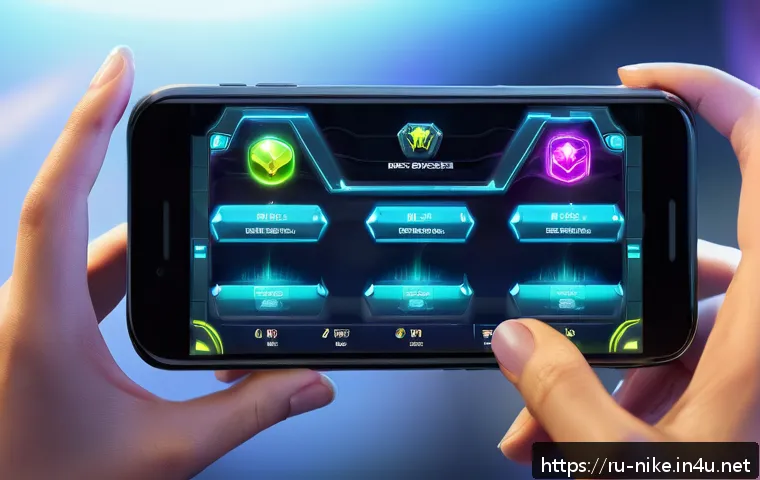 승리의여신 니케 UI 최적화 옵션 - A dynamic and futuristic mobile gaming interface layout on a sleek smartphone screen, showcasing cus...