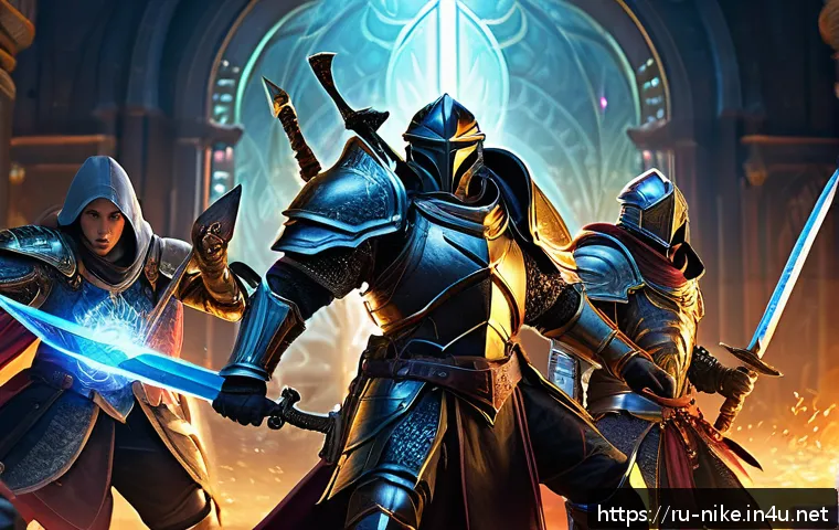 승리의여신 니케 플레이 가이드 제작 - A dynamic fantasy battle scene featuring a well-balanced team of heroes engaged in combat: a heavily...