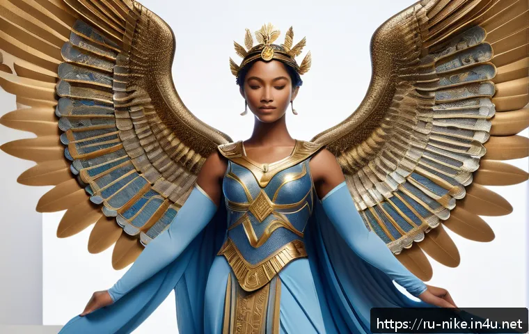 승리의여신 니케 디지털 아트 가이드 - A dynamic depiction of the Victory Goddess Nike standing gracefully with large, elegant wings spread...