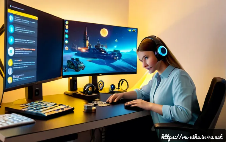 승리의여신 니케 크리에이터 아이템 지원 - Photorealistic Russian gaming content creator at a clean home studio desk, examining a neatly arrang...