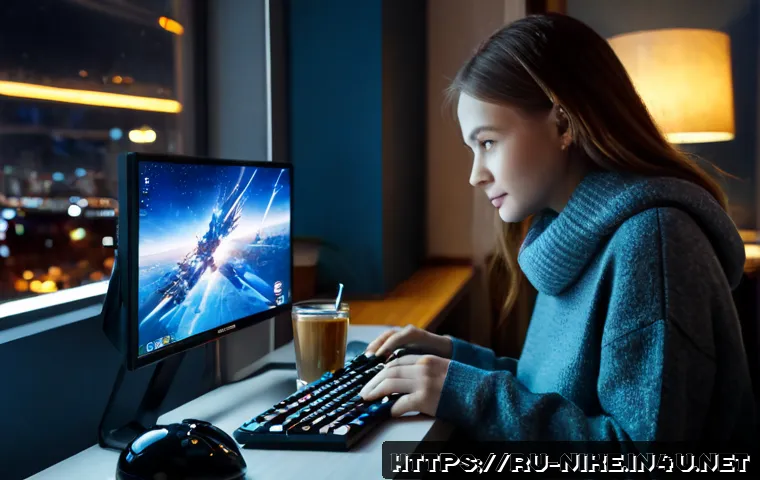 승리의여신 니케와 유사 게임 추천 - Photorealistic cozy gaming desk in a modern Moscow apartment at blue-hour evening, a young adult wom...