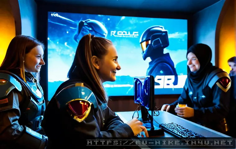승리의여신 니케 글로벌 팬 문화 - Photorealistic Russian gaming café fan gathering, diverse young adult friends in tasteful futuristic...
